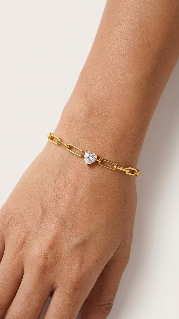 Heart Solitaire Paperclip Chain Bracelet