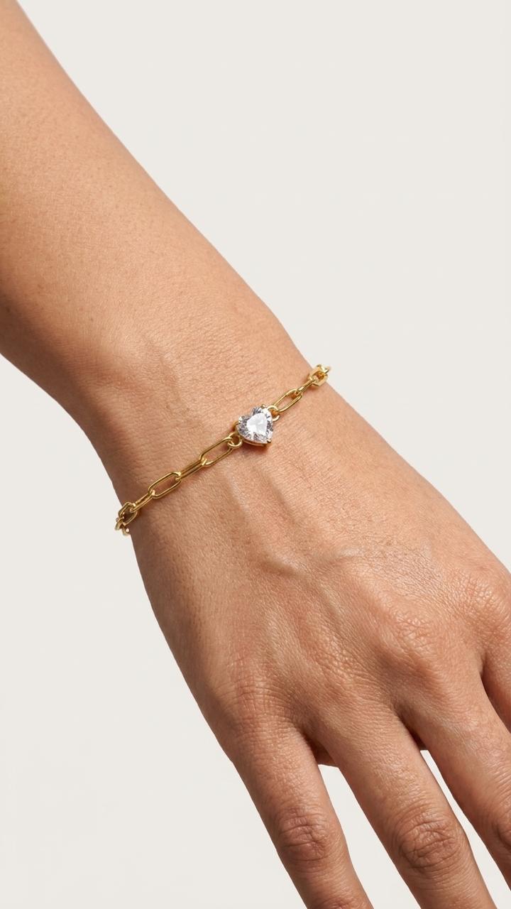 Heart Solitaire Paperclip Chain Bracelet