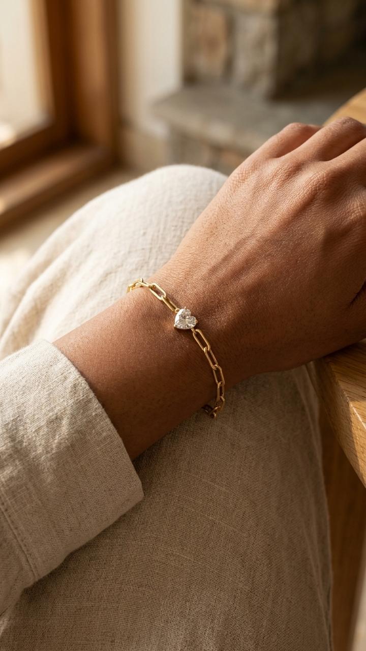 Heart Solitaire Paperclip Chain Bracelet